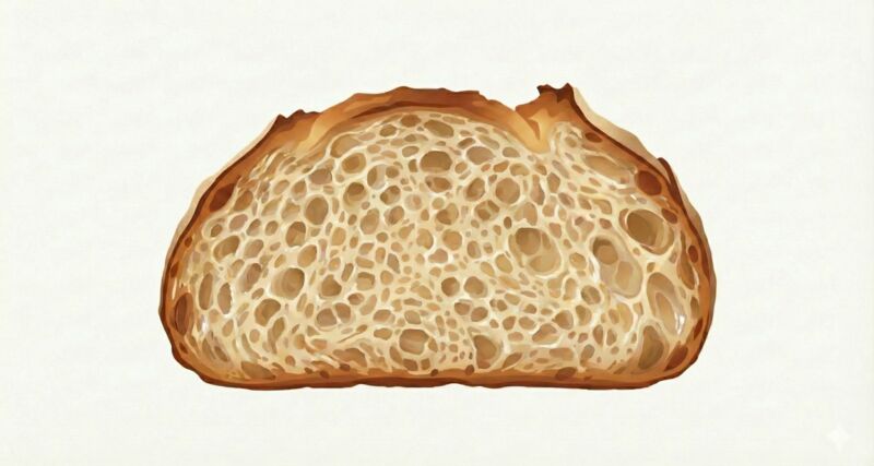 Classic artisan sourdough bread crumb with irregular holes at 70% hydration
