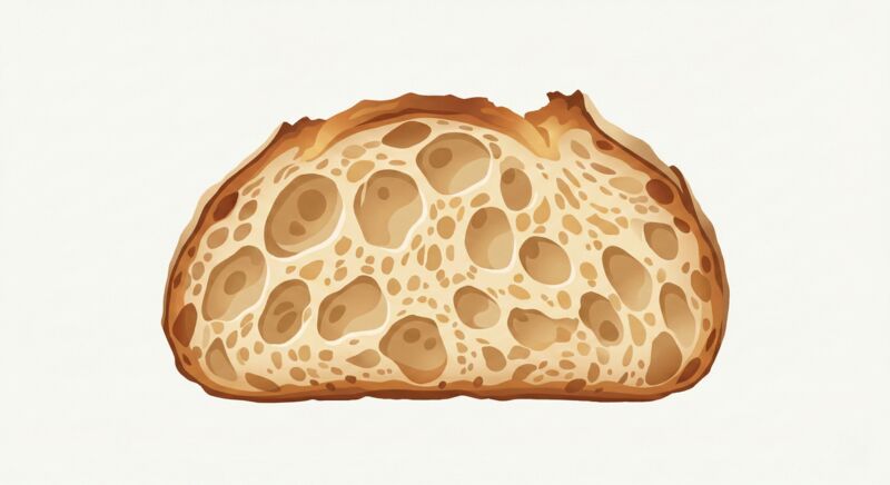 High hydration rustic bread crumb at 75% showcasing large gas pockets developed during fermentation
