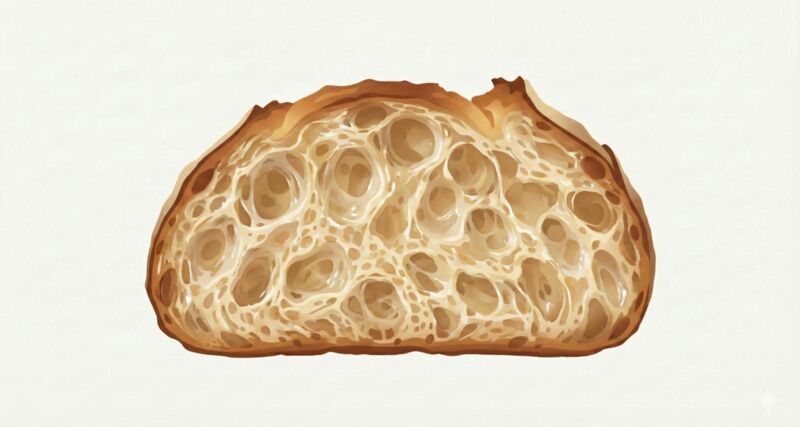 Extremely open, wet dough structure associated with 85% hydration ciabatta