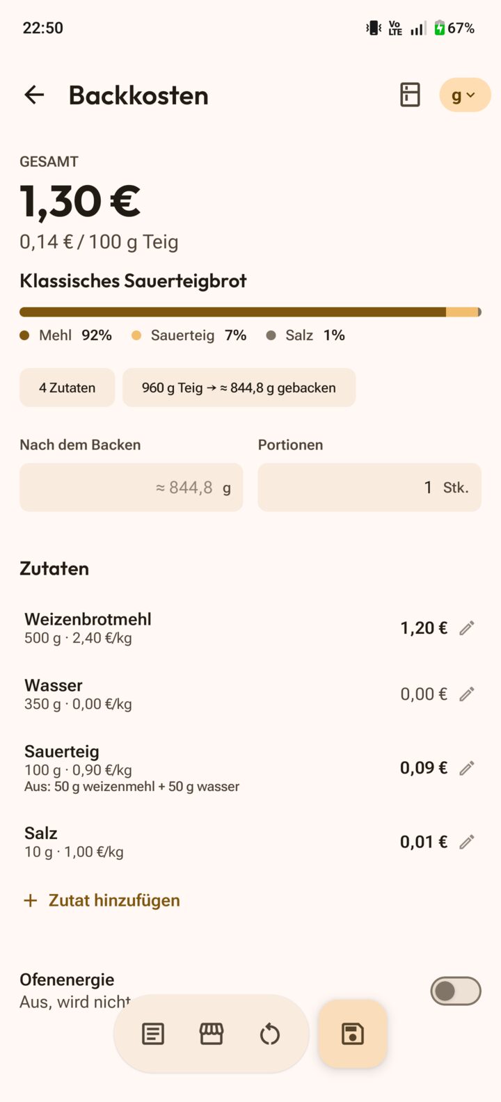 Backkosten-Rechner mit Rezeptkosten, Portionen und Zutatenpreisen