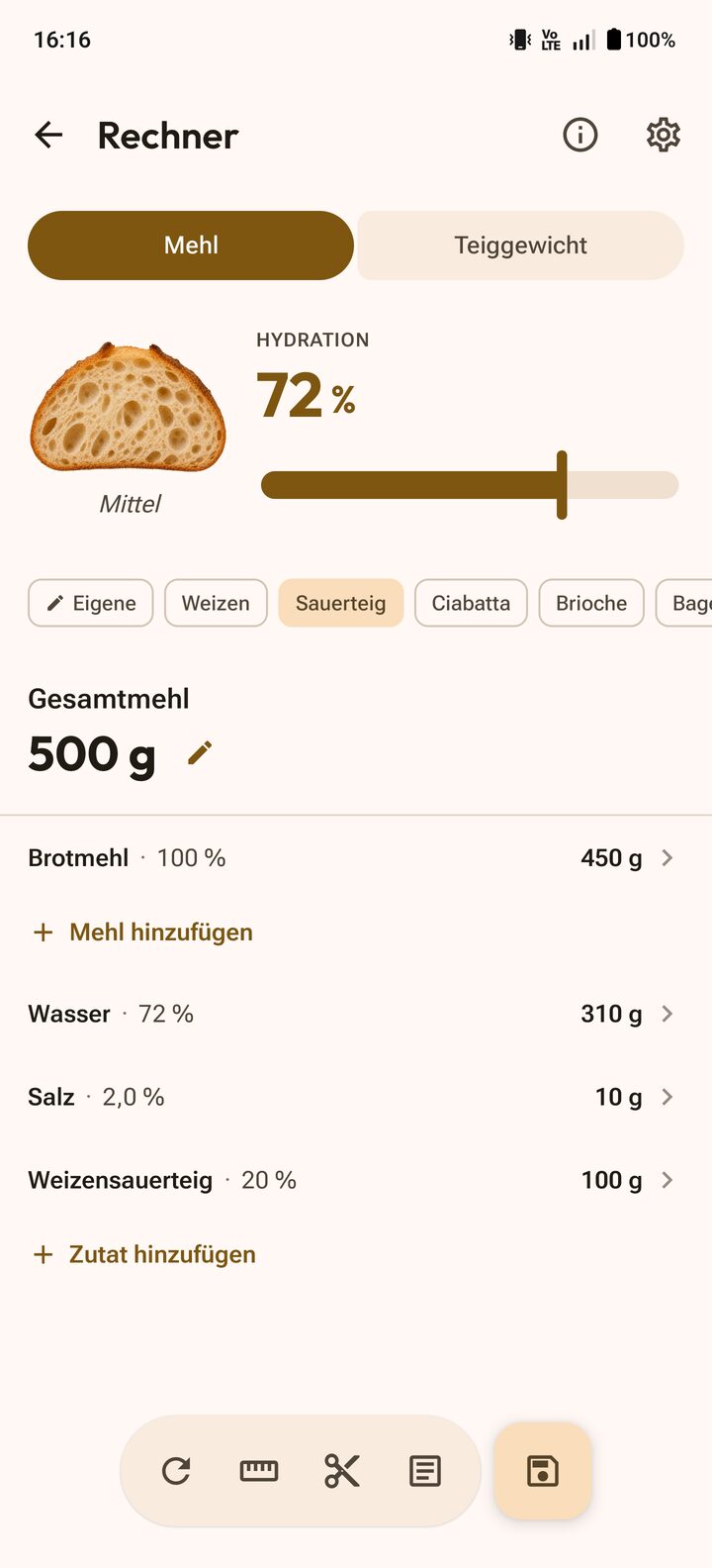 Bäckerprozent-Rechner mit Teigausbeute und Zutatenumrechnung