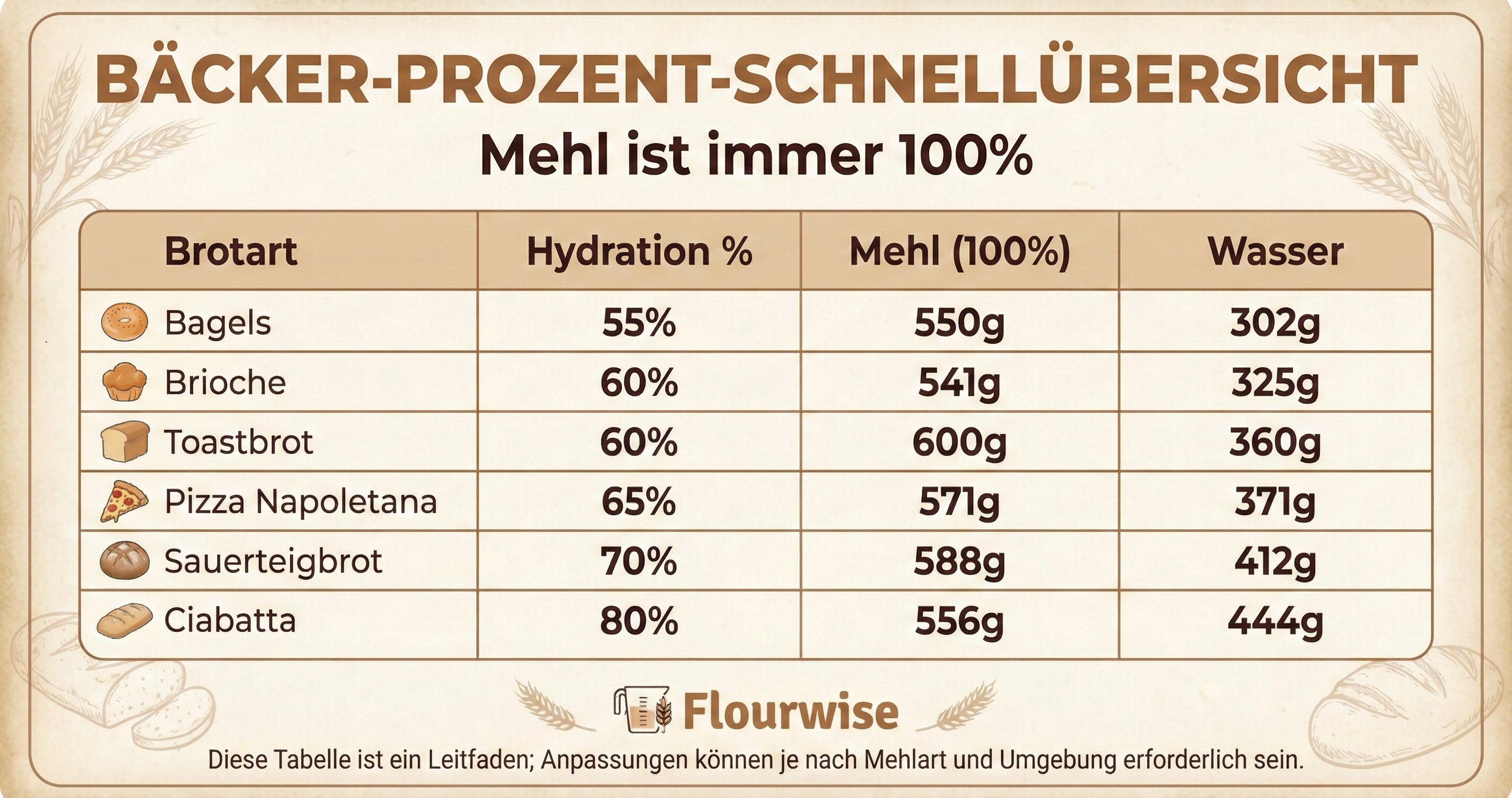 Bäckerprozente-Schnellreferenztabelle