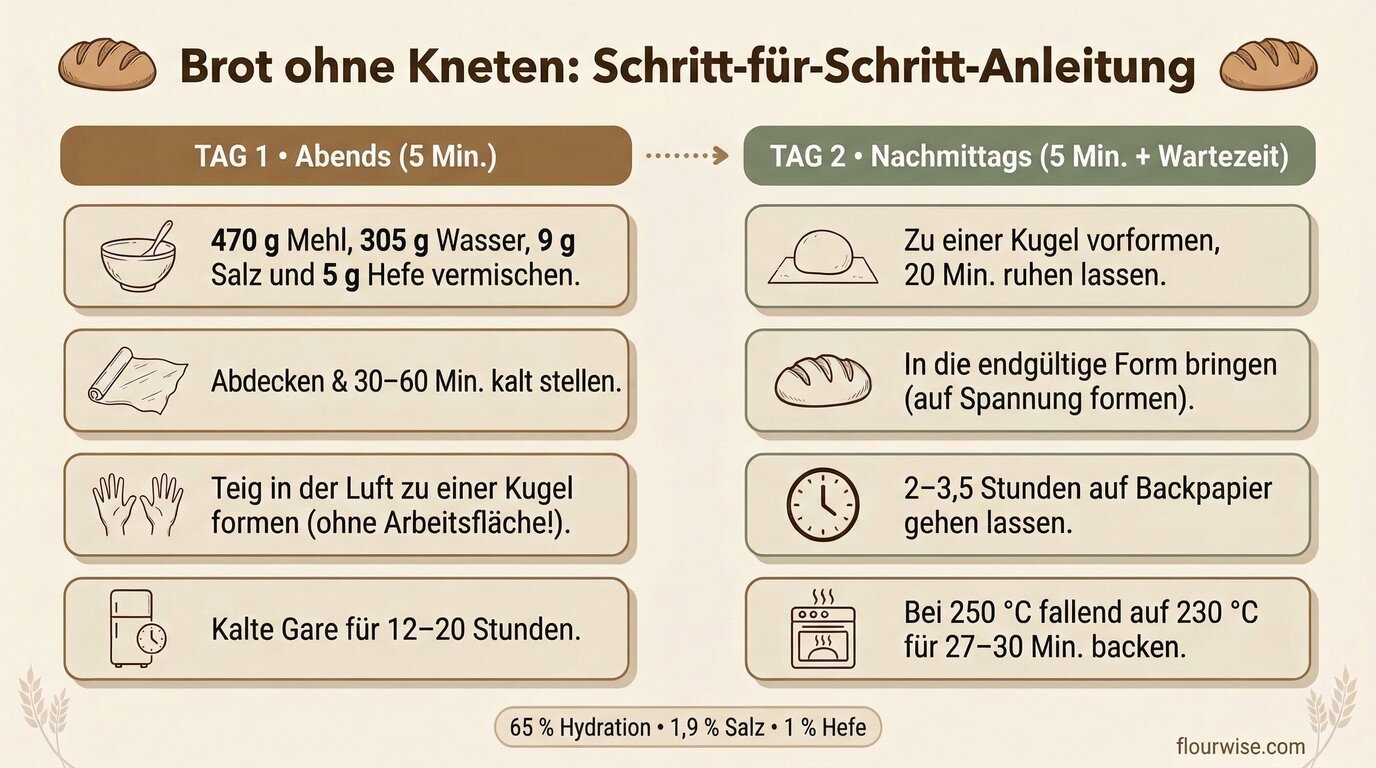 Brot ohne Kneten Schritt-für-Schritt-Anleitung: Tag 1 abends Mischen und Tag 2 nachmittags Formen und Backen bei 65% Hydration
