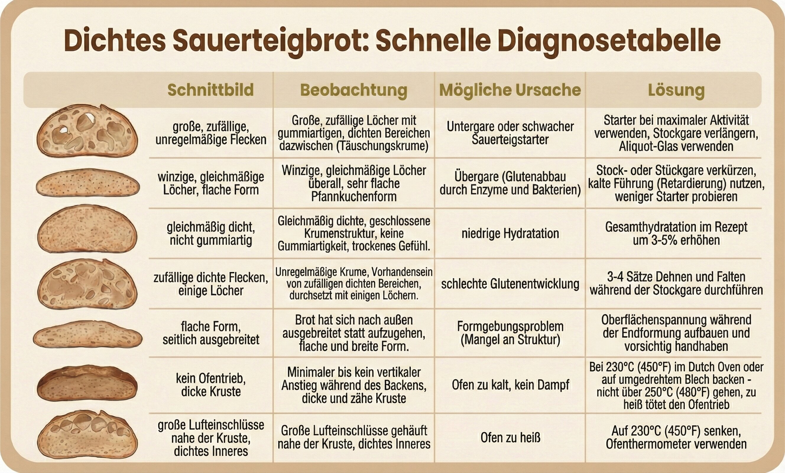 Schnelle Diagnosetabelle für dichtes Sauerteigbrot mit sieben häufigen Problemen, illustrierten Brotquerschnitten, Symptomen, Ursachen und Lösungen