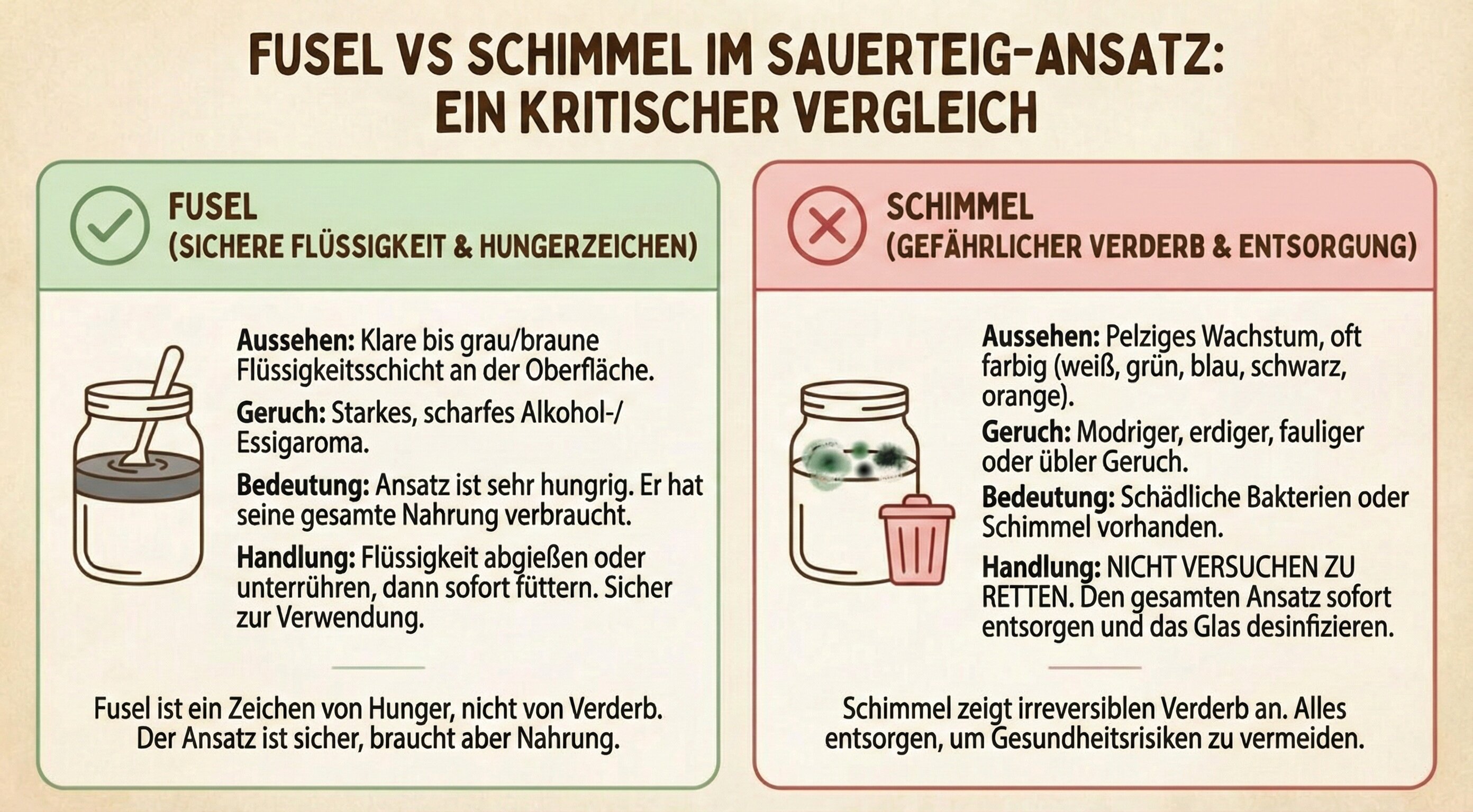 Gegenüberstellung: sichere Fusel-Flüssigkeitsschicht versus gefährlicher Schimmelwuchs im Sauerteig-Starter mit klaren visuellen Unterschieden und Handlungsanweisungen
