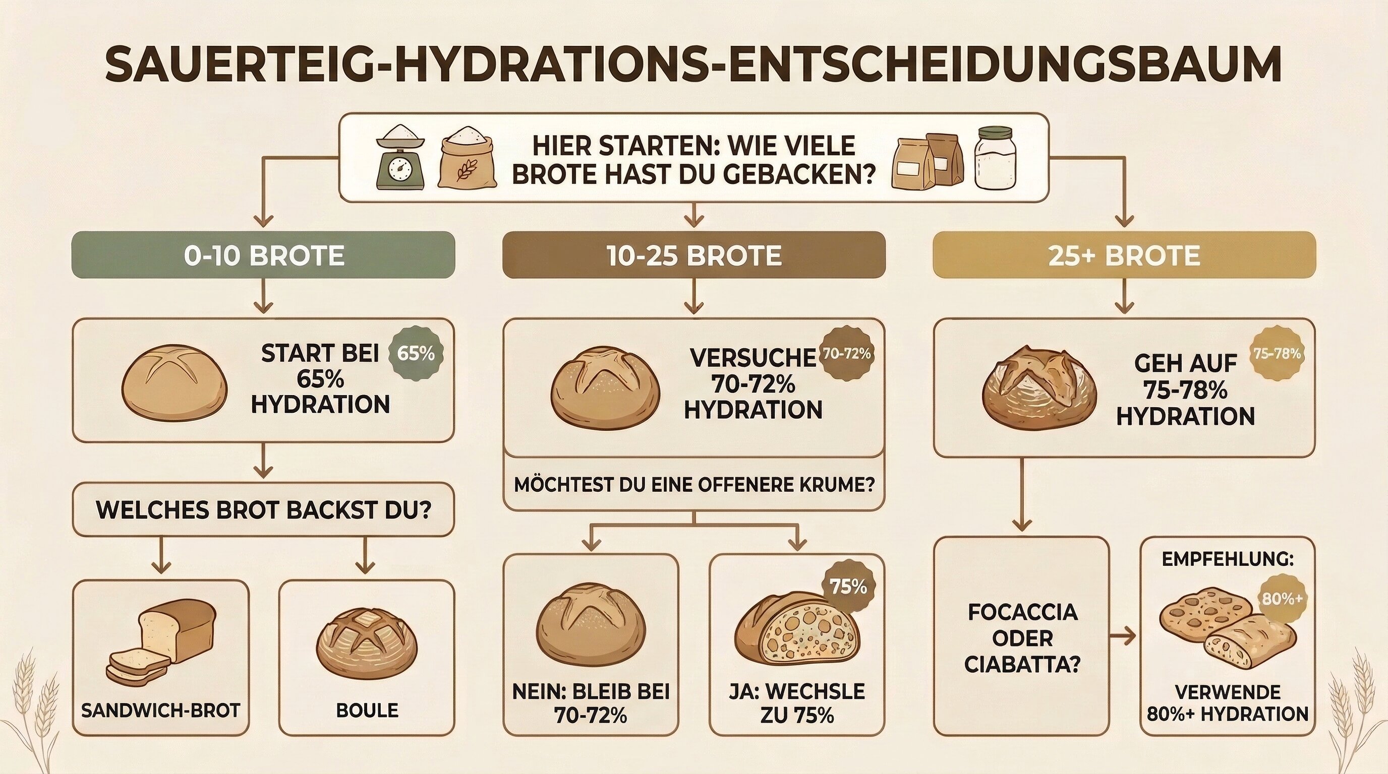 Sauerteig-Hydrations-Entscheidungsbaum — wähle den richtigen Prozentsatz basierend auf deinem Erfahrungslevel und Brottyp