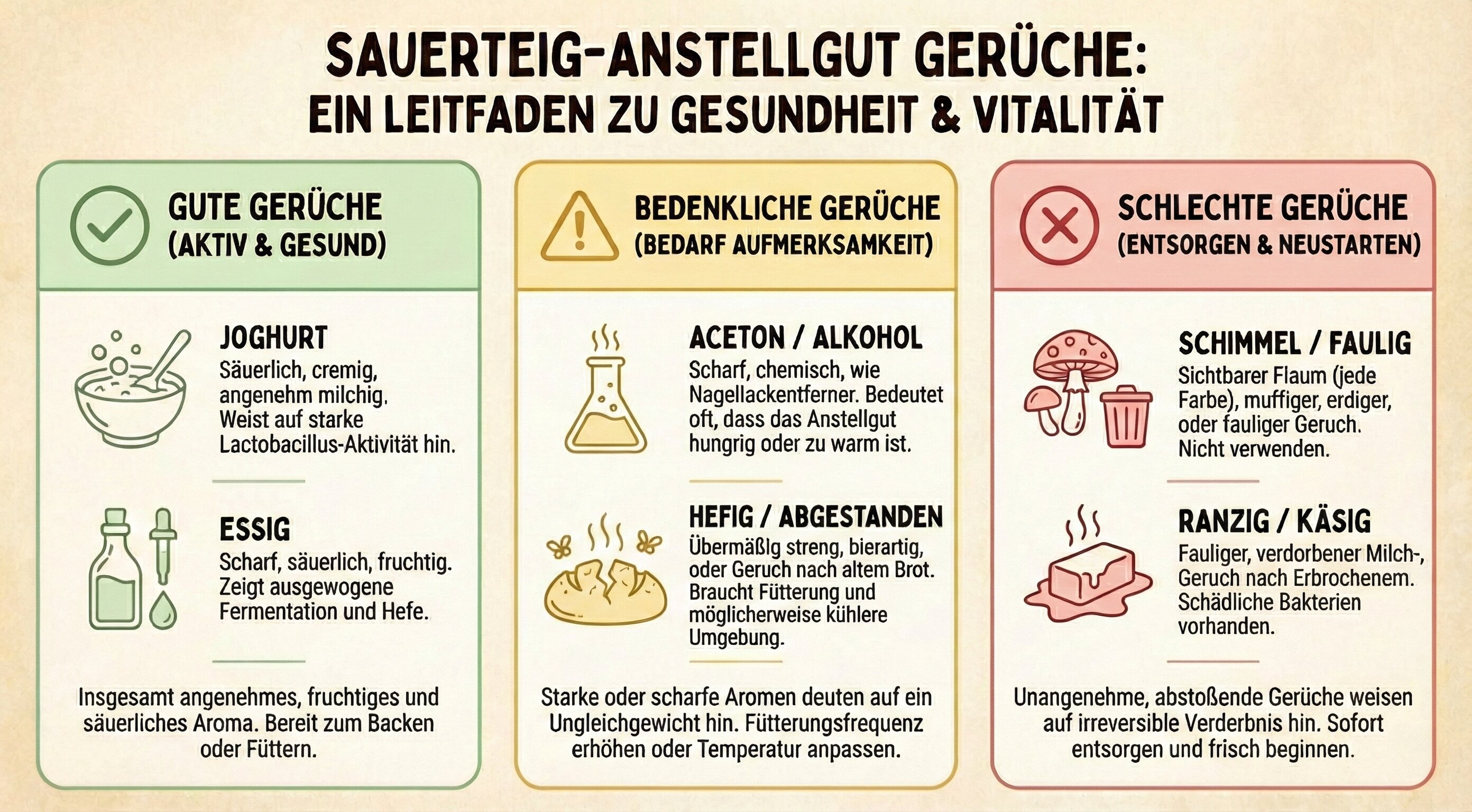 Umfassender Sauerteig-Starter-Geruchs-Guide: gute Gerüche wie Joghurt und Essig, bedenkliche Gerüche wie Aceton und Alkohol, und schlechte Gerüche wie Schimmel und ranzig mit farbcodierten Bereichen und Icons