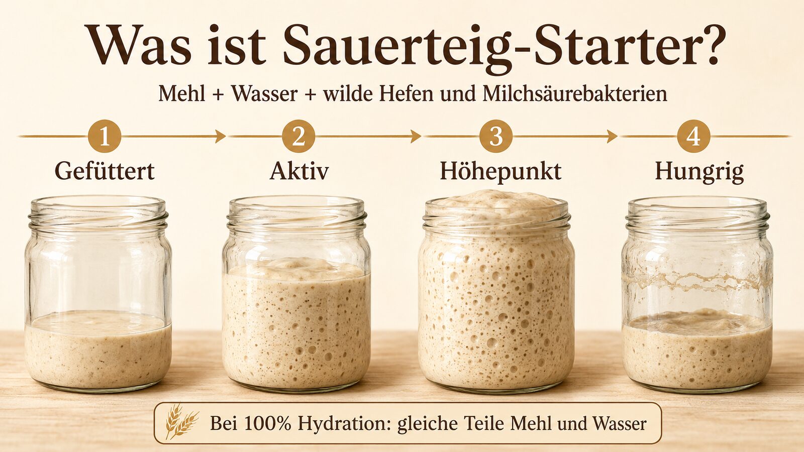 Sauerteig-Starter Phasen nach dem Füttern mit Mehl und Wasser, von frisch gefüttert bis hungrig