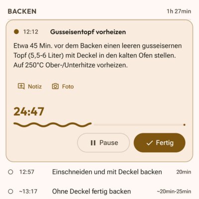 Aktiver Backschritt mit Live-Timer, Notizen und Fotos in Flourwise