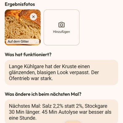 Backbuch-Eintrag in Flourwise: Ergebnisfotos, was funktioniert hat und was anders gemacht werden soll