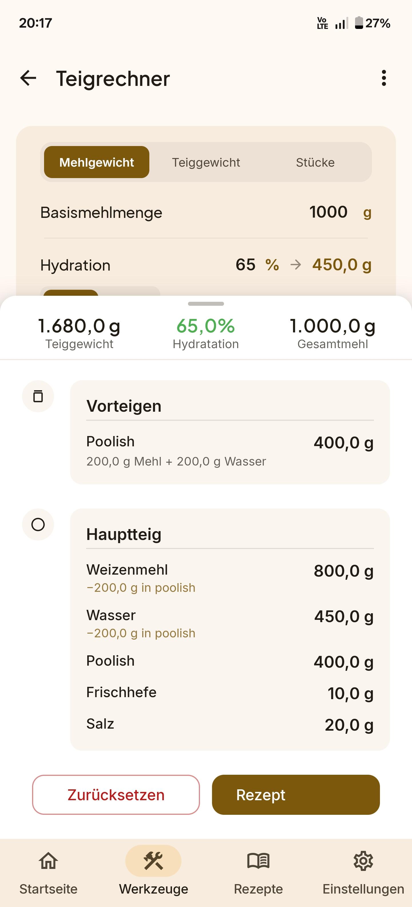 Sauerteig Rechner mit Hydration-Kalkulator für Pizzateig, Brotteig und Sauerteig-Berechnung mit Bäckerprozenten