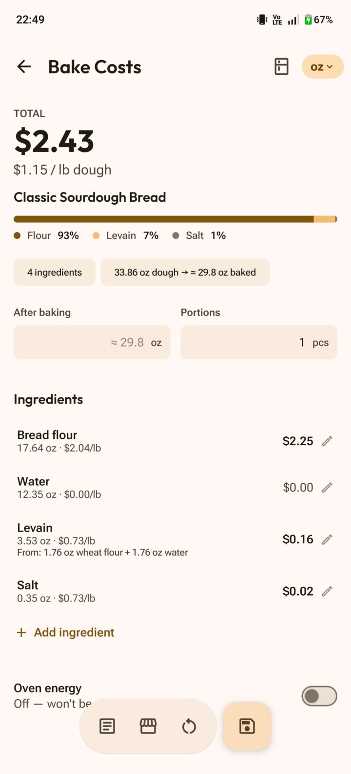 Bake cost calculator app showing recipe cost, portions and ingredient prices