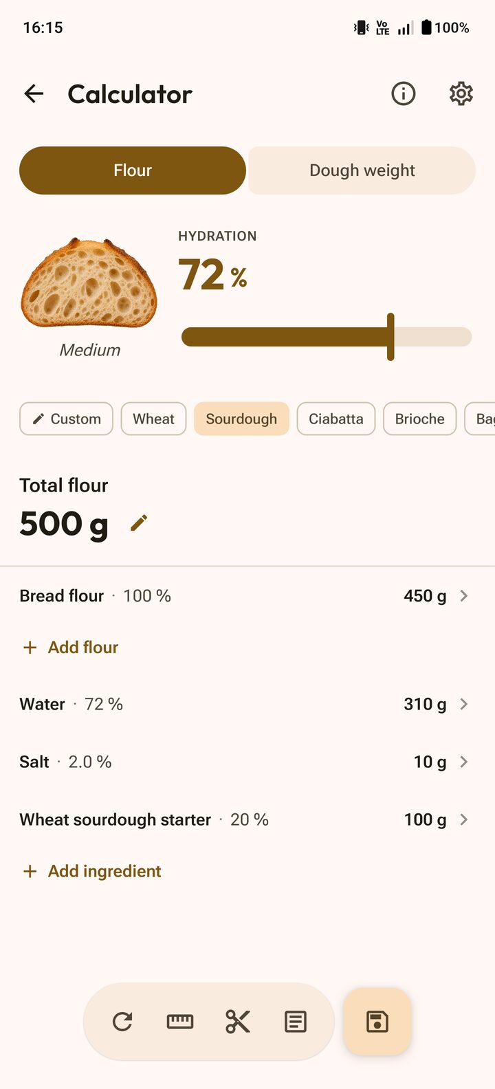 Baker's percentage calculator app for sourdough and bread recipes