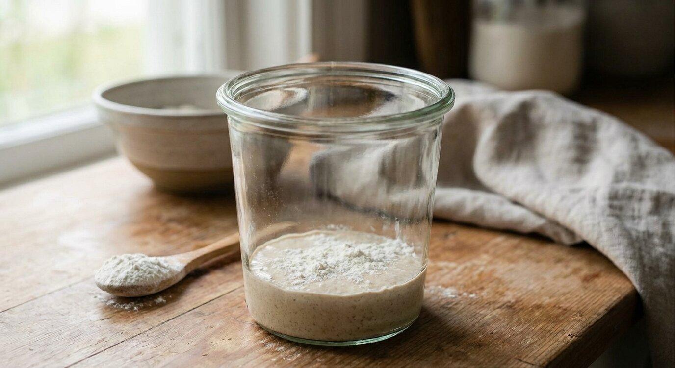 Sauerteig-Starter wird mit Mehl und Wasser in einem Glasgefäß auf einem Holzbrett mit Löffel gefüttert