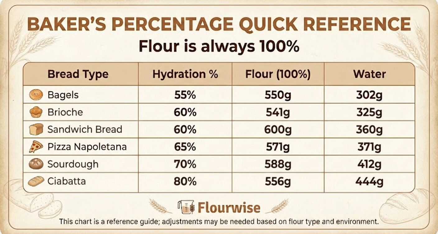 Baker's percentage quick reference chart showing hydration levels for different bread types from 55% to 85%