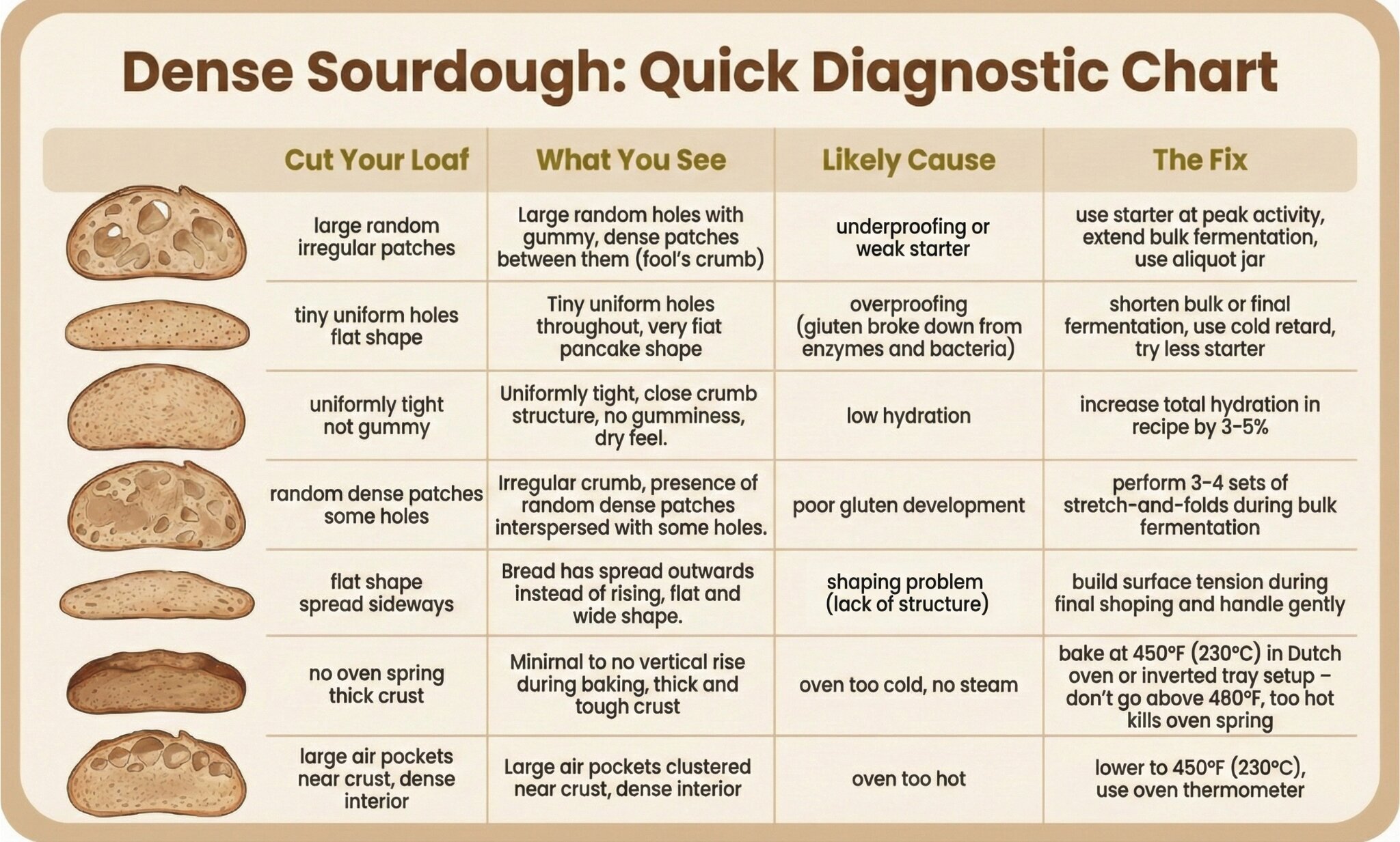 Dense sourdough quick diagnostic chart showing seven common problems with illustrated cross-sections of bread, their visual symptoms, likely causes, and specific fixes