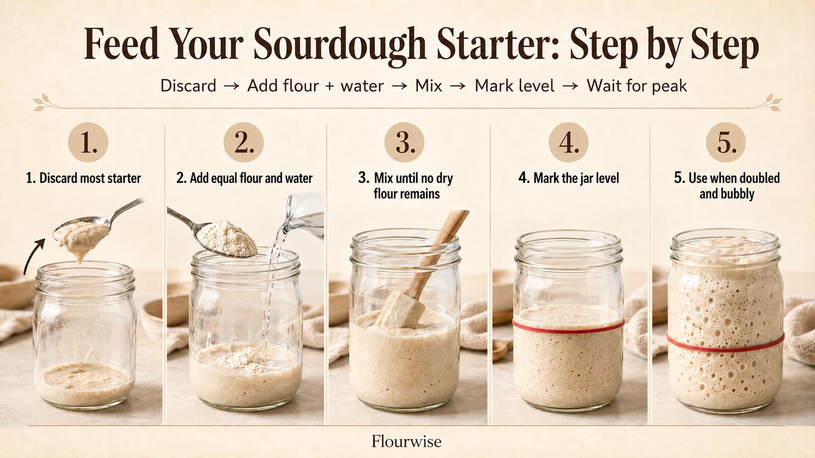 Feeding sourdough starter step by step with flour and water in a glass jar, from discard to doubled bubbly starter