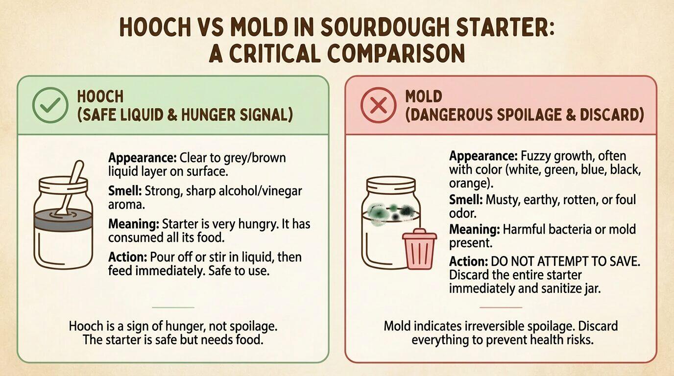 Side by side comparison infographic showing safe hooch liquid layer versus dangerous mold growth in sourdough starter with clear visual differences and action steps