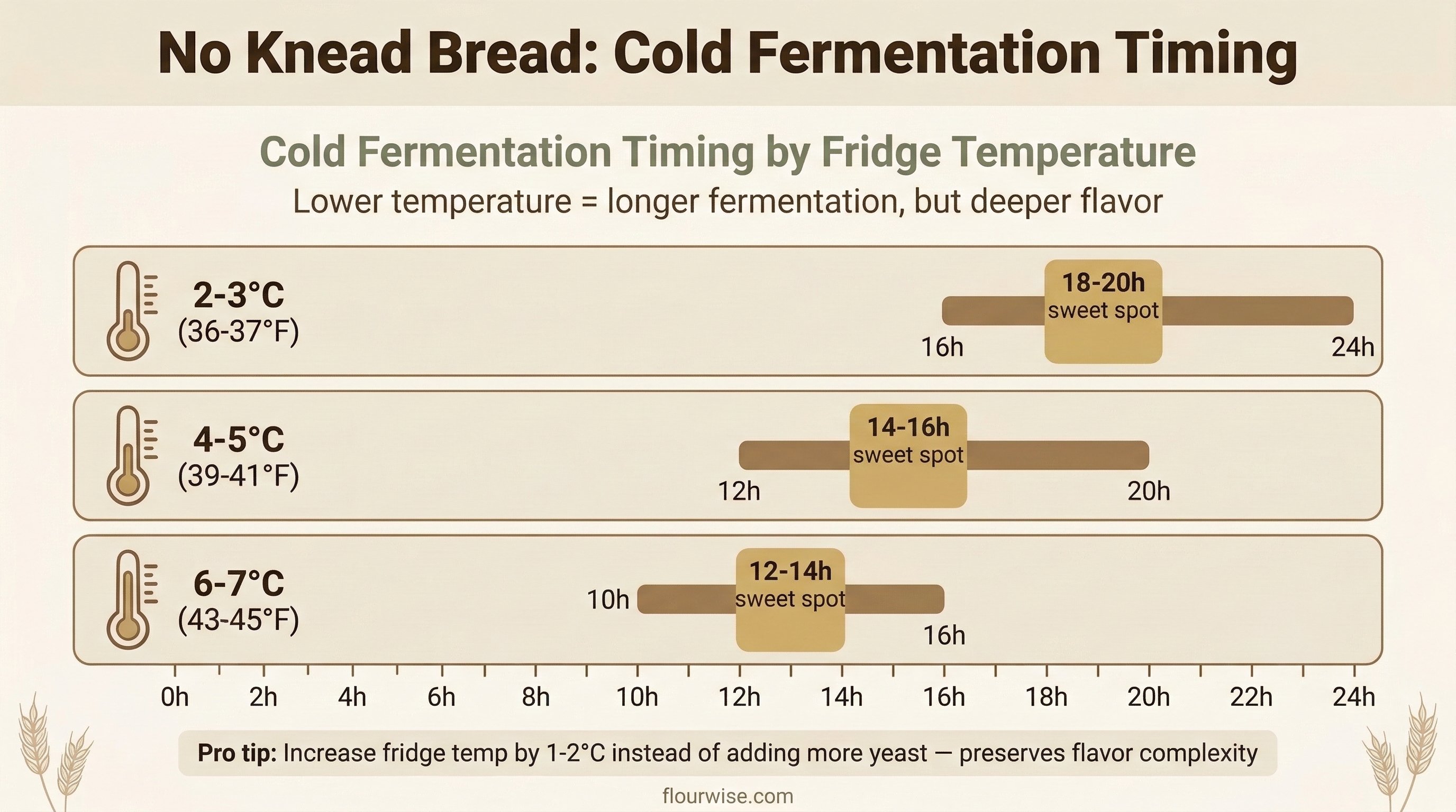 No knead bread cold fermentation timing chart showing optimal hours by fridge temperature from 2°C to 7°C