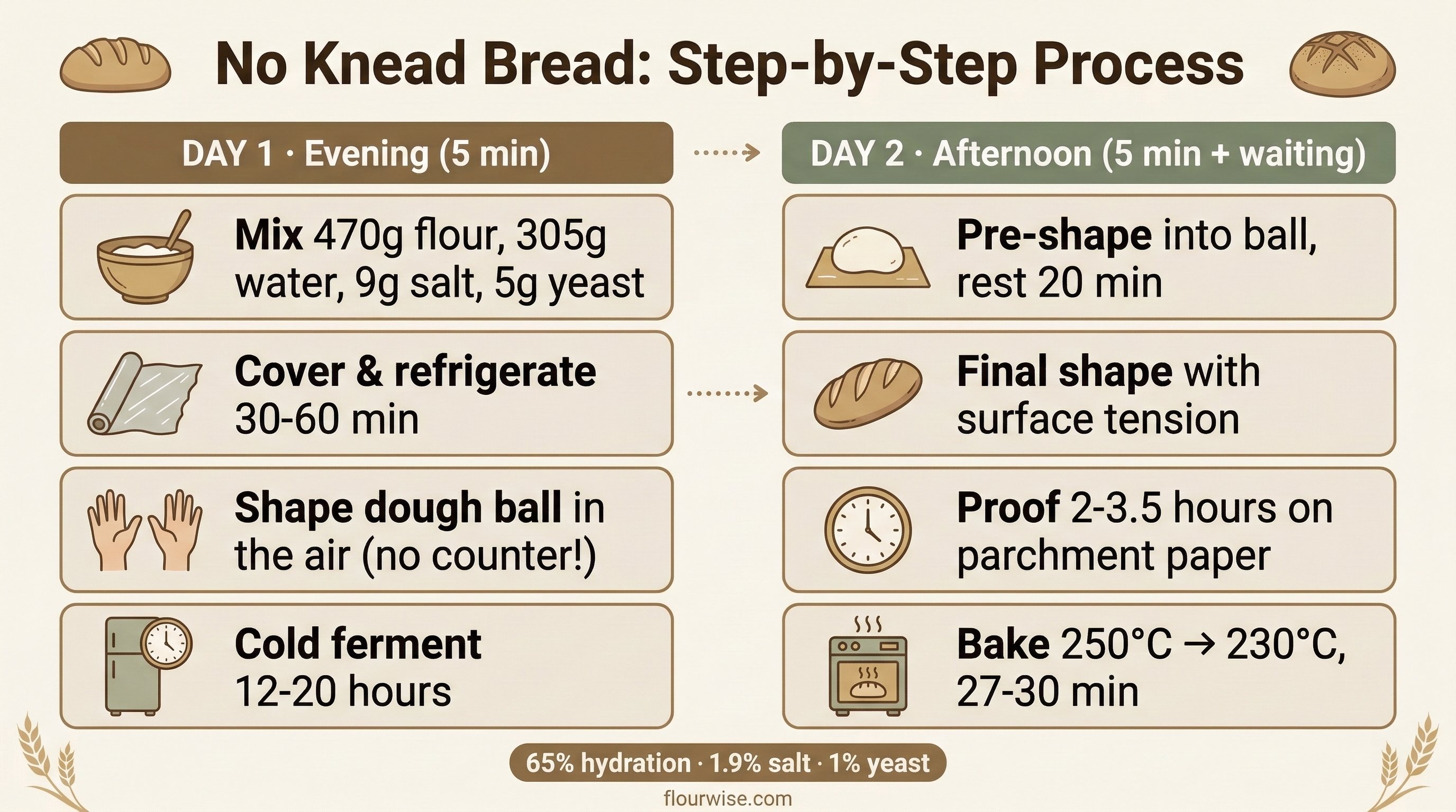 No knead bread step-by-step process infographic showing Day 1 evening mixing and Day 2 afternoon shaping and baking at 65% hydration