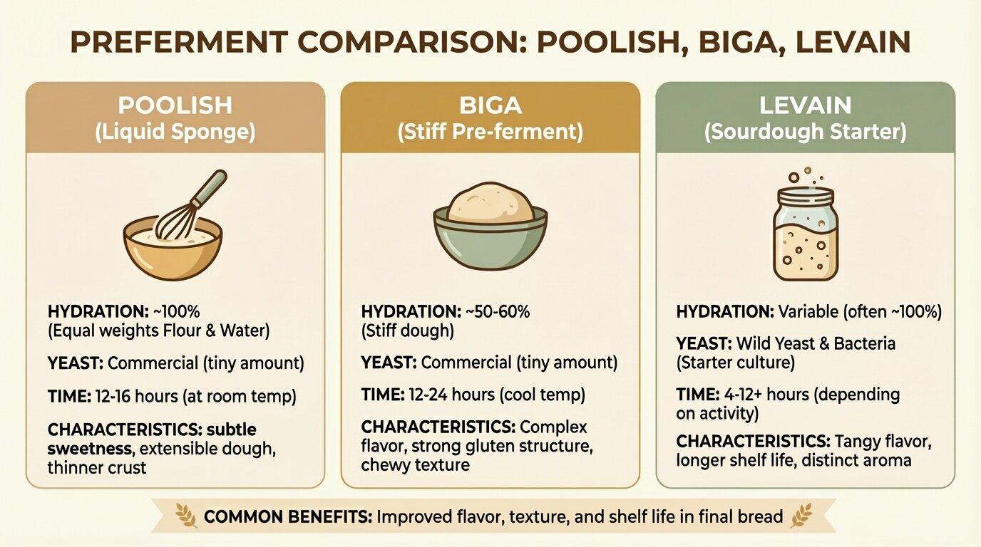 Preferment comparison infographic showing poolish, biga, and levain with hydration levels, fermentation times, yeast types, and characteristics for bread baking
