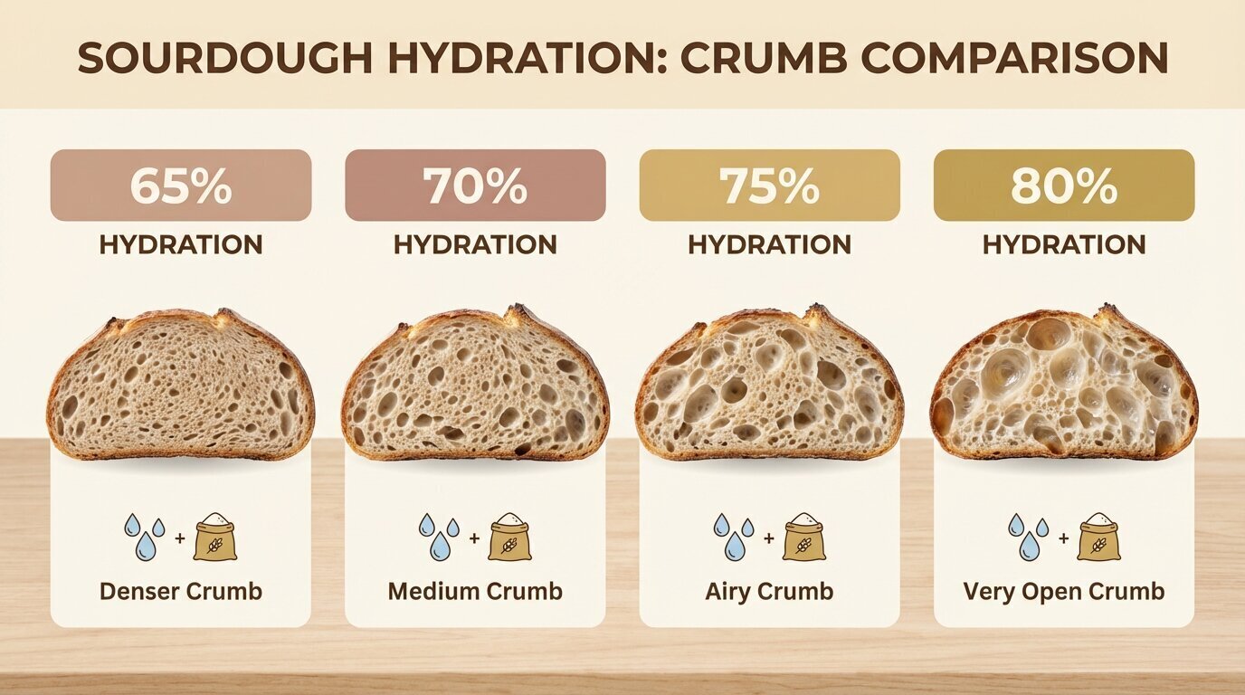 Sourdough bread hydration chart comparing open crumb structure at 65%, 70%, 75%, and 80% hydration levels side by side