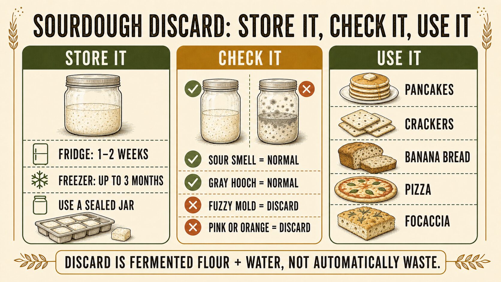 Illustrated sourdough discard guide showing refrigerated and frozen storage, normal gray liquid, spoilage signs, and baked uses