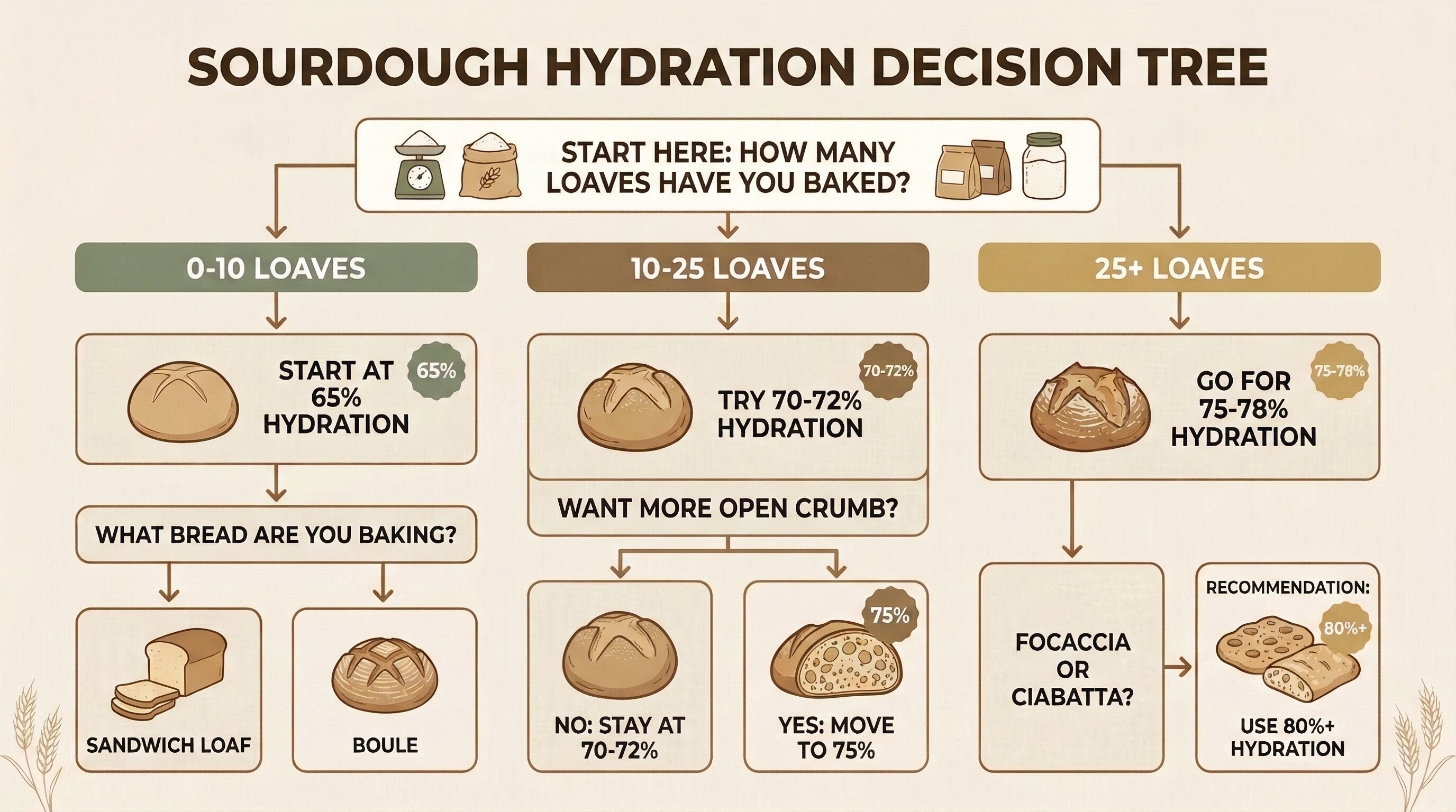 Sourdough hydration decision tree — choose the right percentage based on your experience level and bread type