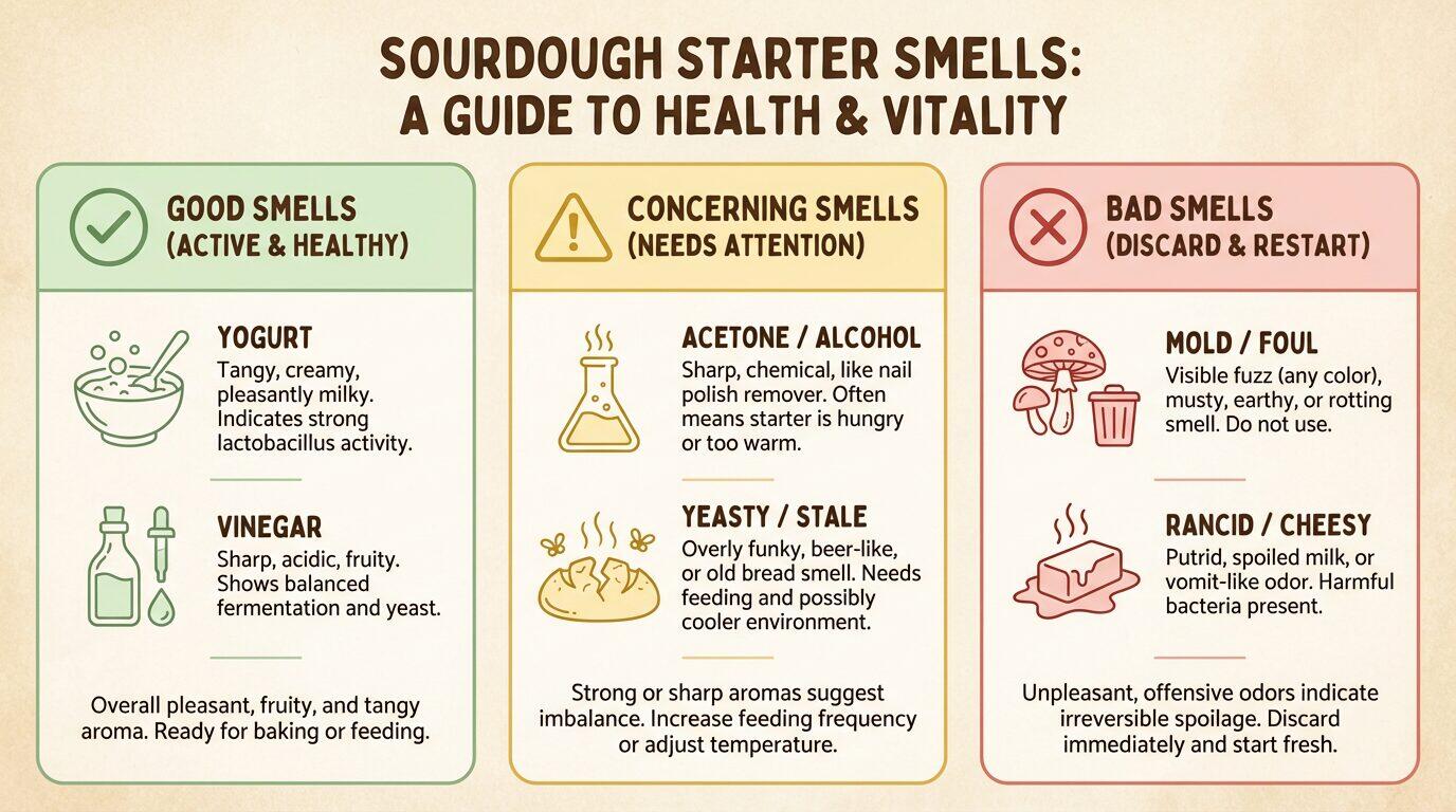 Comprehensive sourdough starter smell guide infographic showing good smells like yogurt and vinegar, concerning smells like acetone and alcohol, and bad smells like mold and rancid with color-coded sections and icons