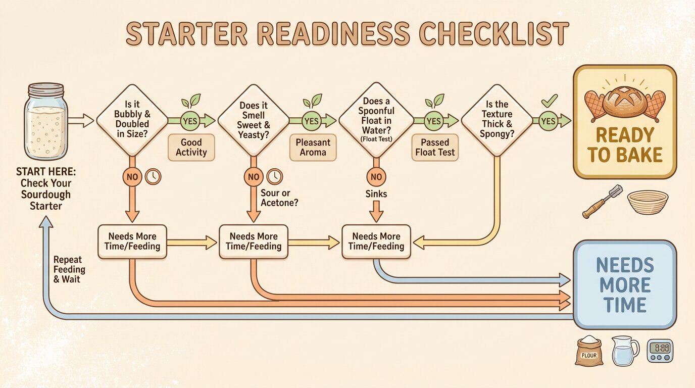 Sourdough starter readiness checklist flowchart showing how to check if starter is ready to bake with float test