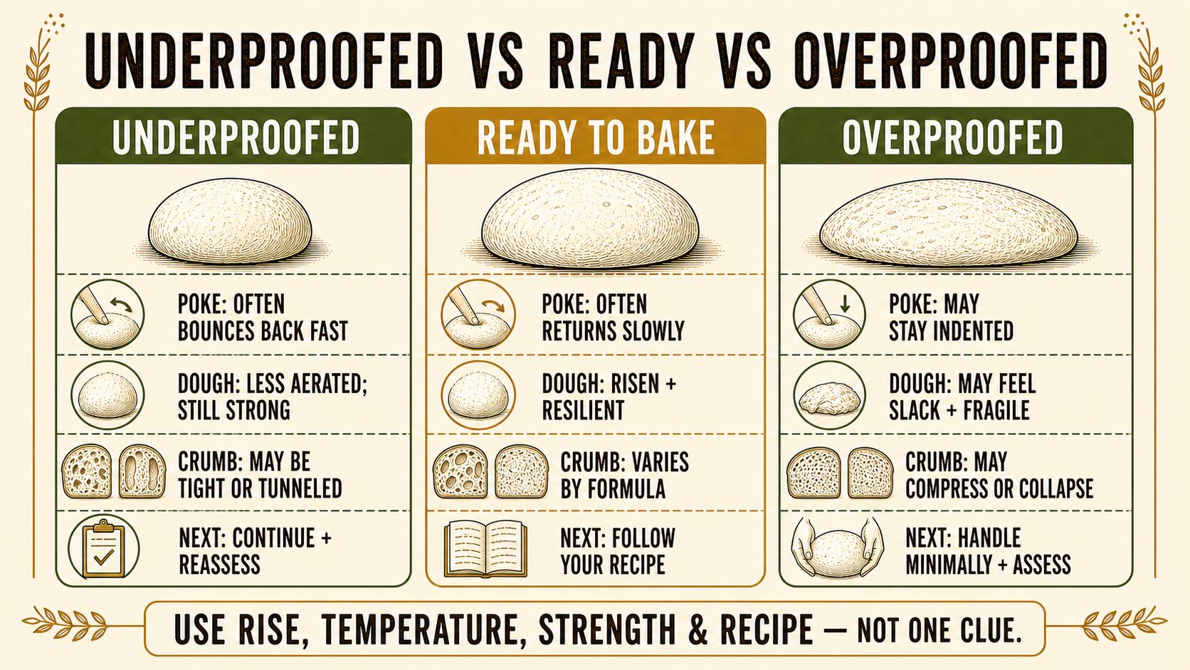 Underproofed, ready, and overproofed dough comparison showing qualified poke test, dough feel, crumb, and next-step cues