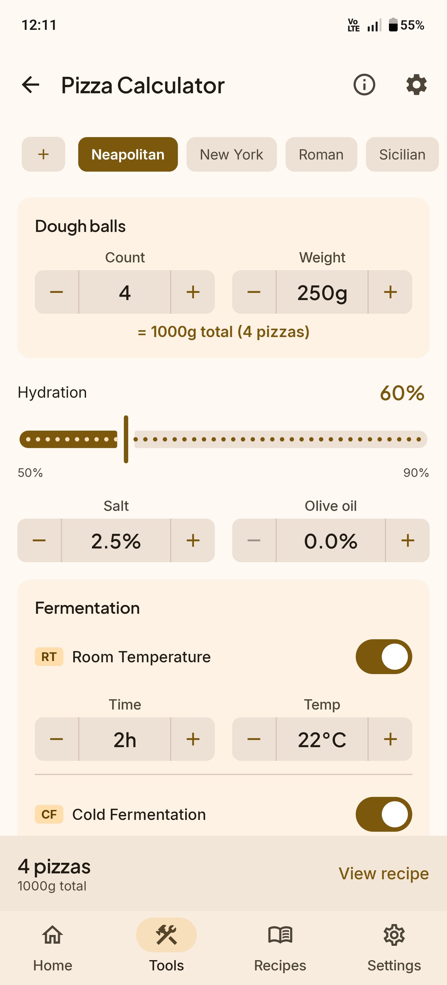 Pizza dough calculator with hydration levels for Neapolitan, New York, and Roman styles