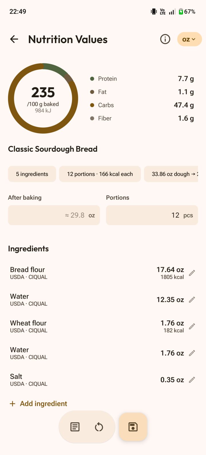 Recipe nutrition calculator app showing calories, macros and portions for a bake