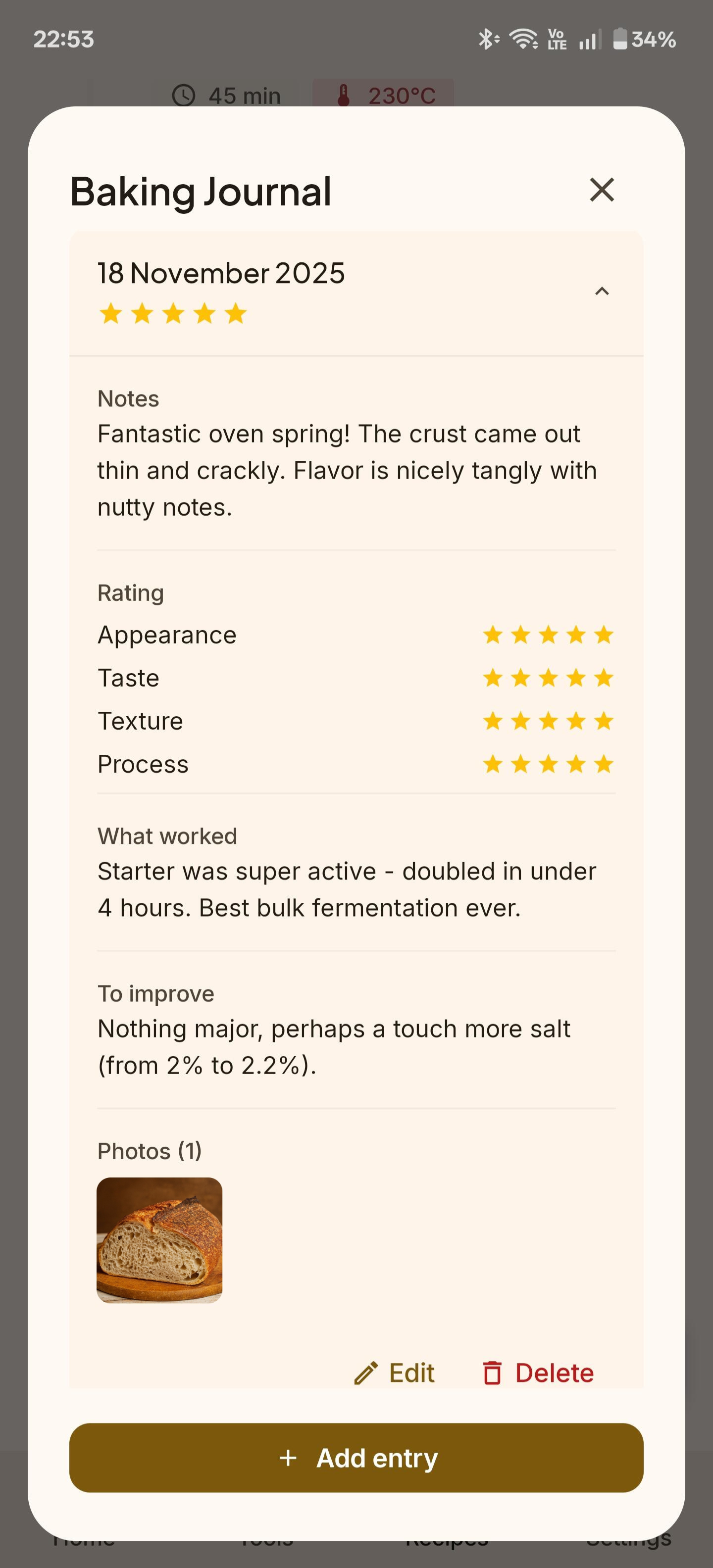 Baking journal with photos, notes and progress tracking for sourdough bread and pizza recipes