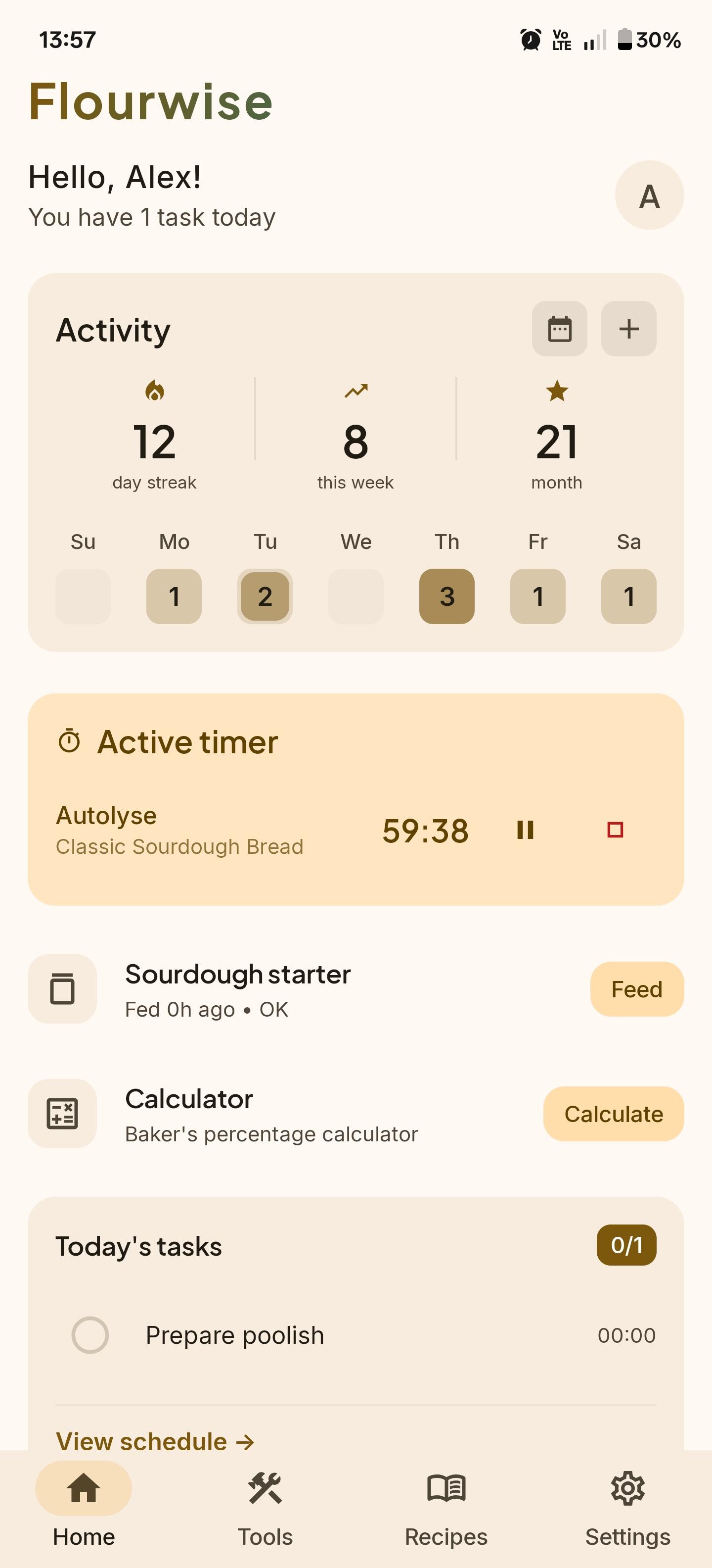 Professional sourdough calculator and baker's percentage app interface showing bread hydration calculator and recipe management