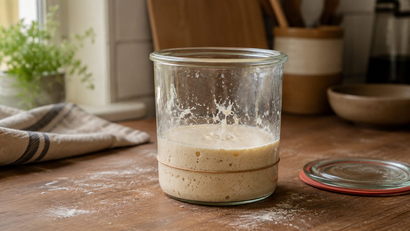 Hungry sourdough starter after peak with residue on the glass and a thin hooch layer in a jar on a wooden kitchen counter