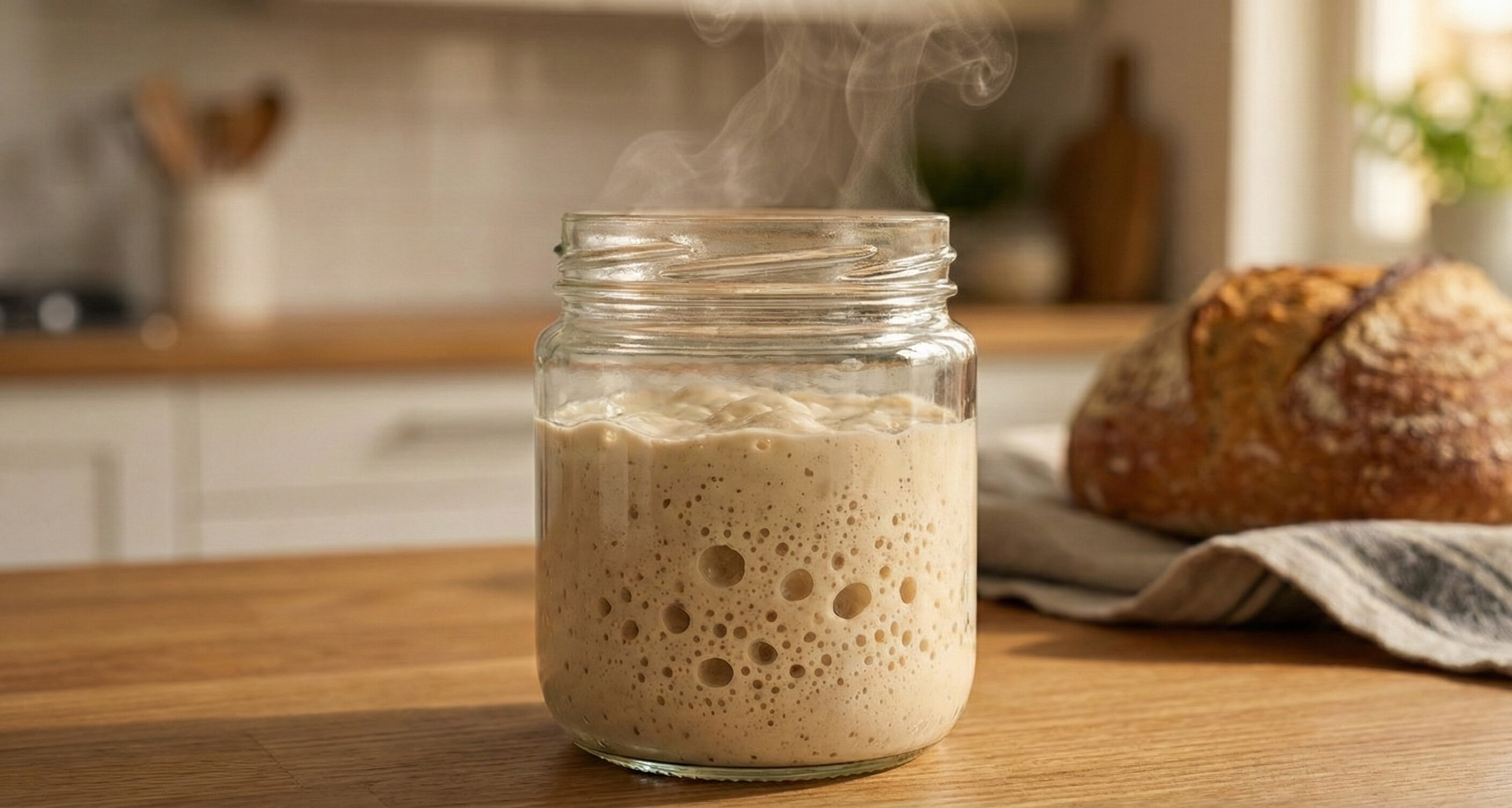 Aktiver Sauerteig-Starter im Glasgefäß mit sichtbaren Blasen und Gärungsdampf auf Holz-Küchenarbeitsplatte mit frischem Brot im Hintergrund