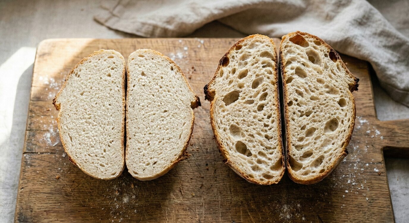 Zwei Sauerteigbrote halbiert auf Holzschneidebrett – links dichte enge Krume, rechts offene luftige Krume