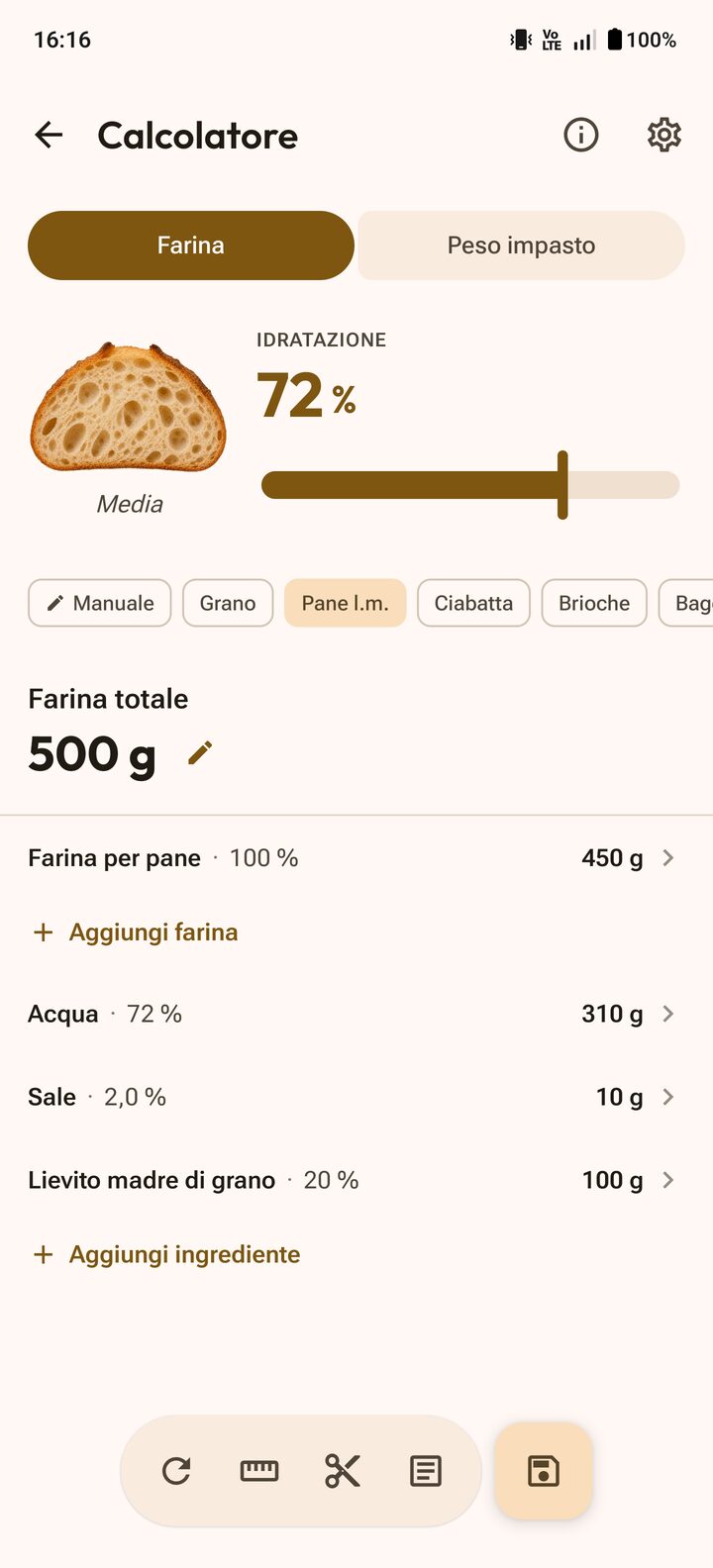 Calculateur de pourcentages du boulanger avec hydratation et ingrédients