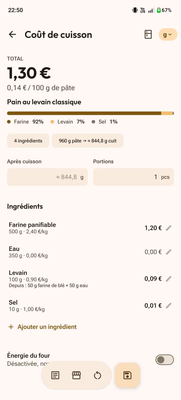 Calculateur de coût de cuisson avec coût de recette, portions et prix des ingrédients