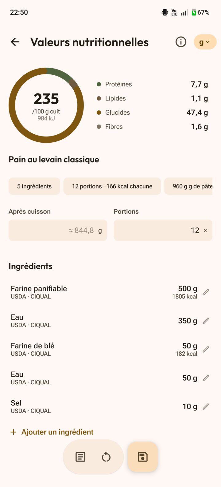 Calculateur nutritionnel avec calories, macros et portions