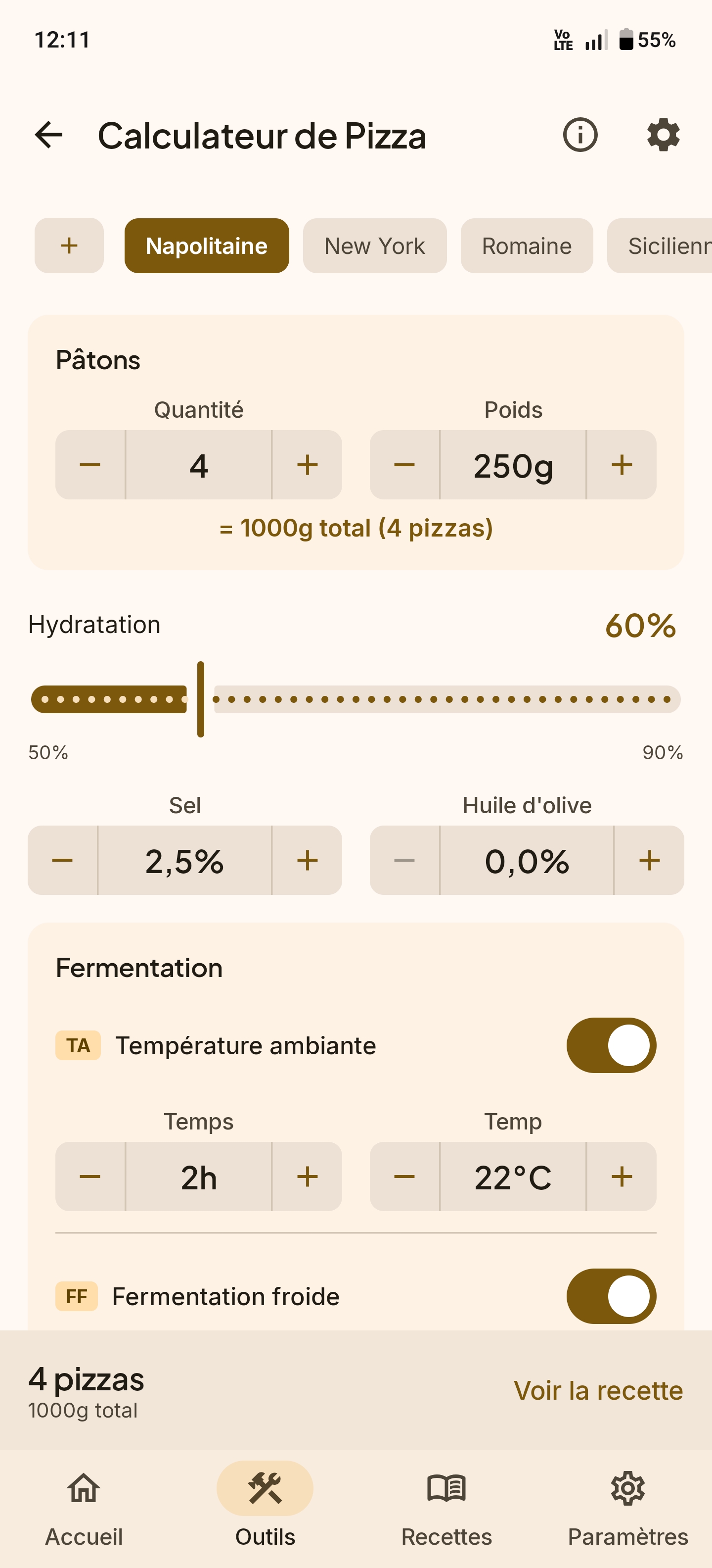 Calculateur pâte à pizza avec niveaux d'hydratation pour styles napolitain, New York et romain