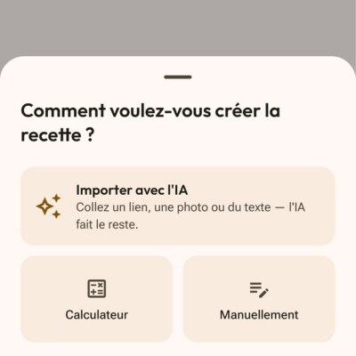 Création de recette dans l'application Flourwise : options Import avec IA, Dans le calculateur et Manuellement