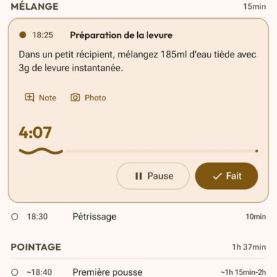Étape de cuisson active avec minuteur en direct, notes et photos dans Flourwise