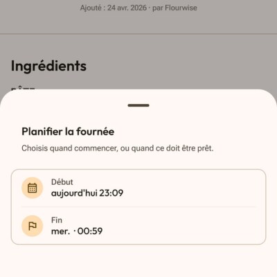 Planification de fournée dans Flourwise : sélecteurs de temps Début et Fin, planning