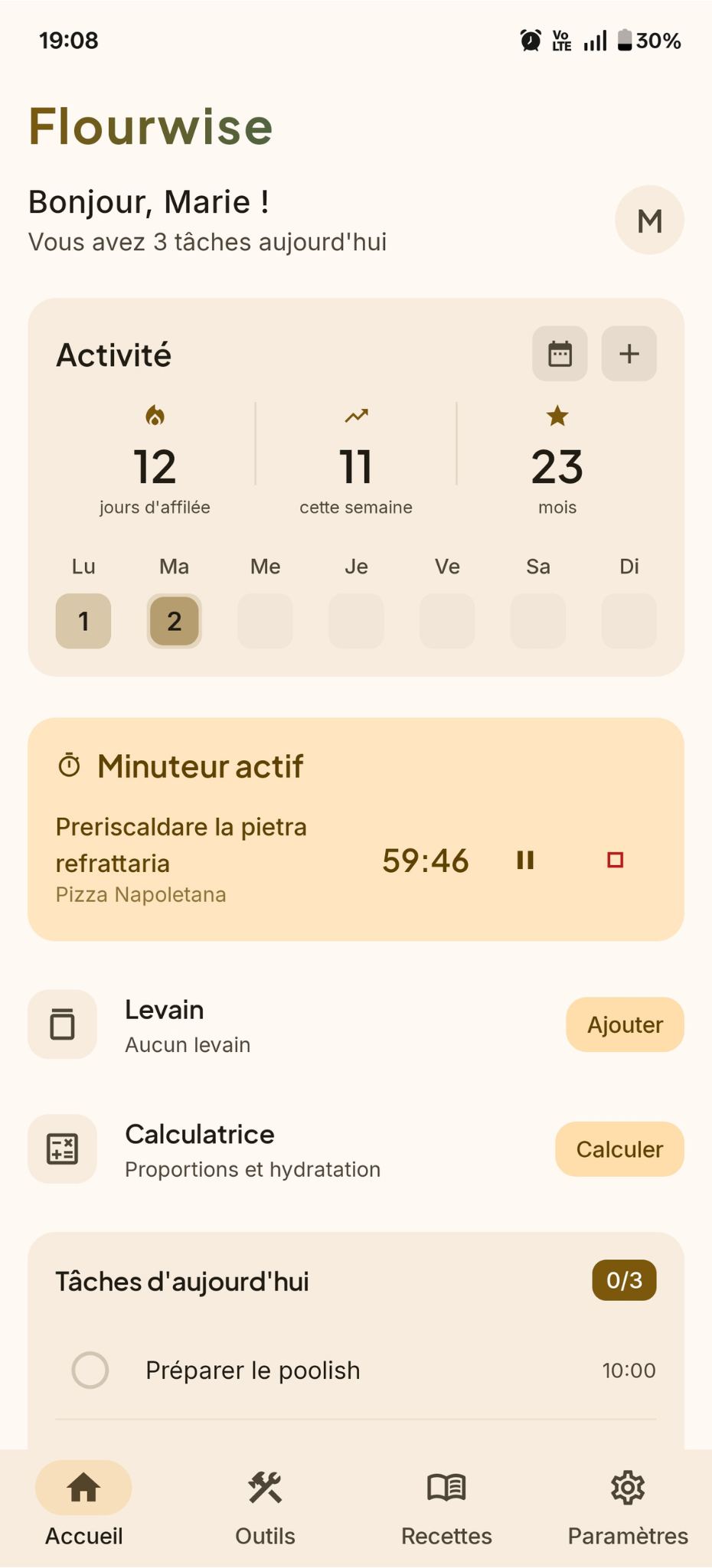 Calculateur professionnel pour pain au levain avec pourcentages du boulanger et calculateur d'hydratation