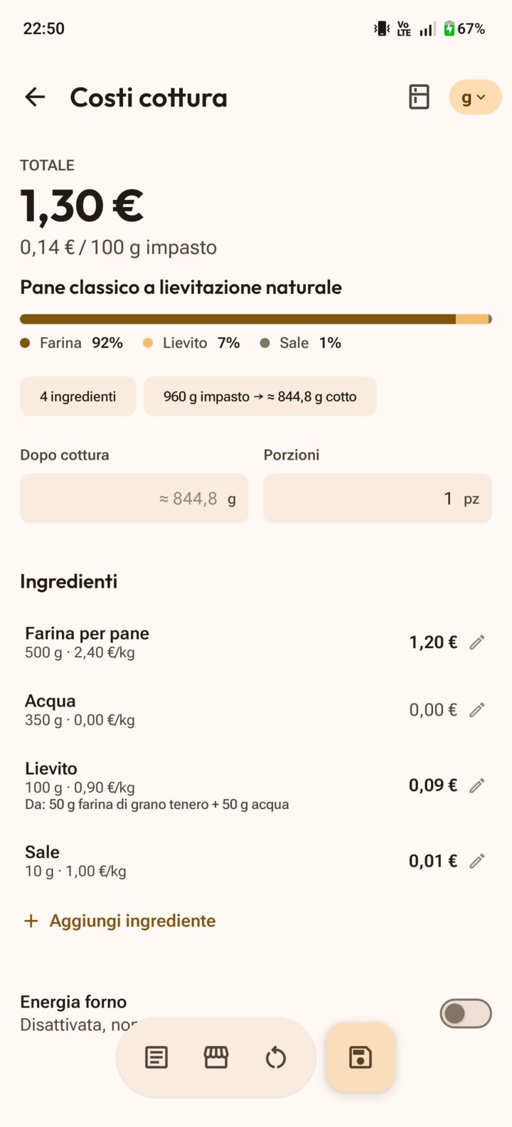 Calcolatore costi di cottura con costo ricetta, porzioni e prezzi ingredienti