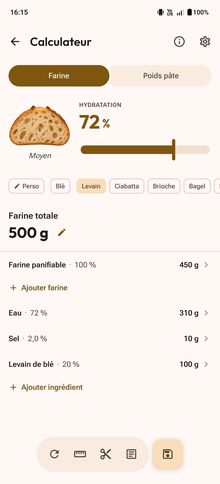 Calcolatore percentuali panettiere con idratazione e ingredienti