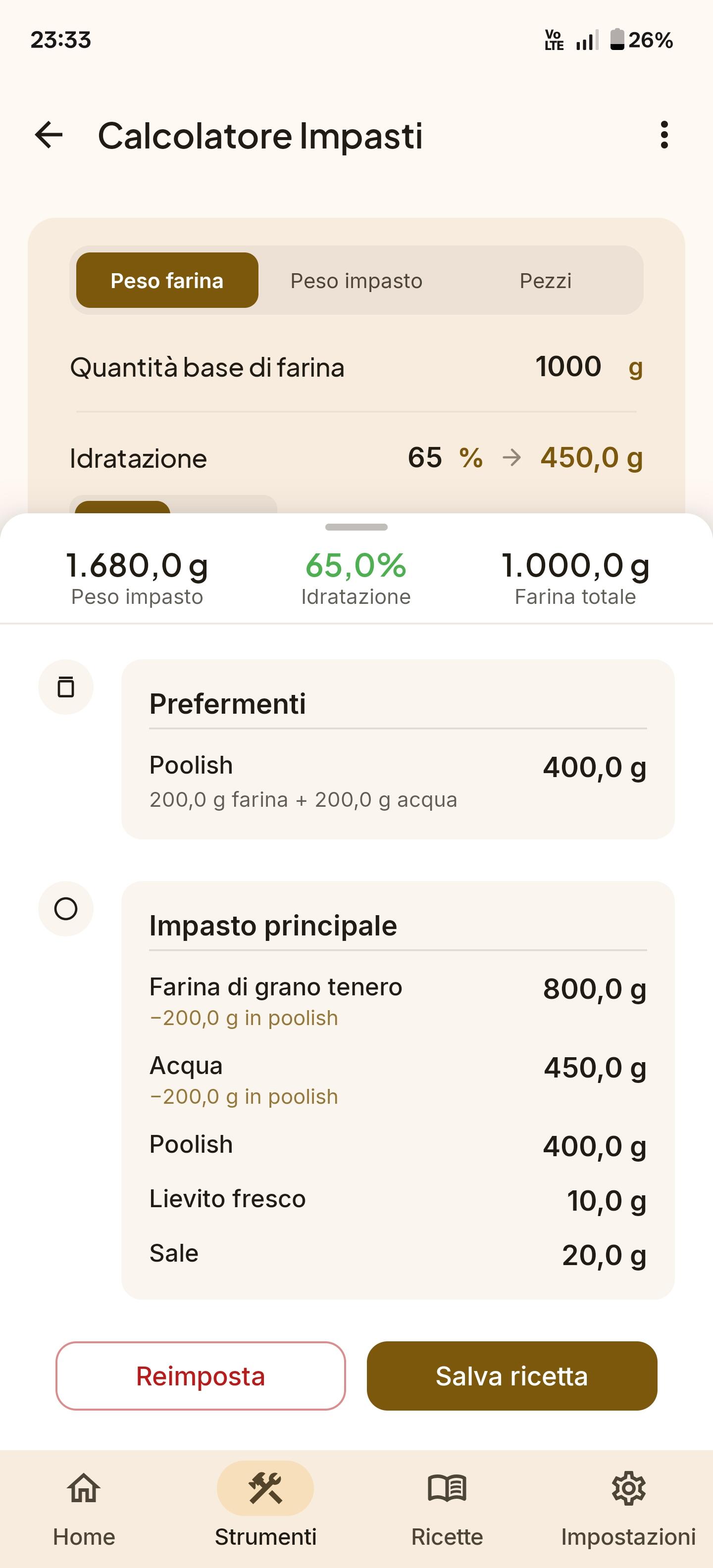 Calcolatore per impasto pizza ad alta idratazione con lievito madre, calcolo percentuali del fornaio e peso impasto