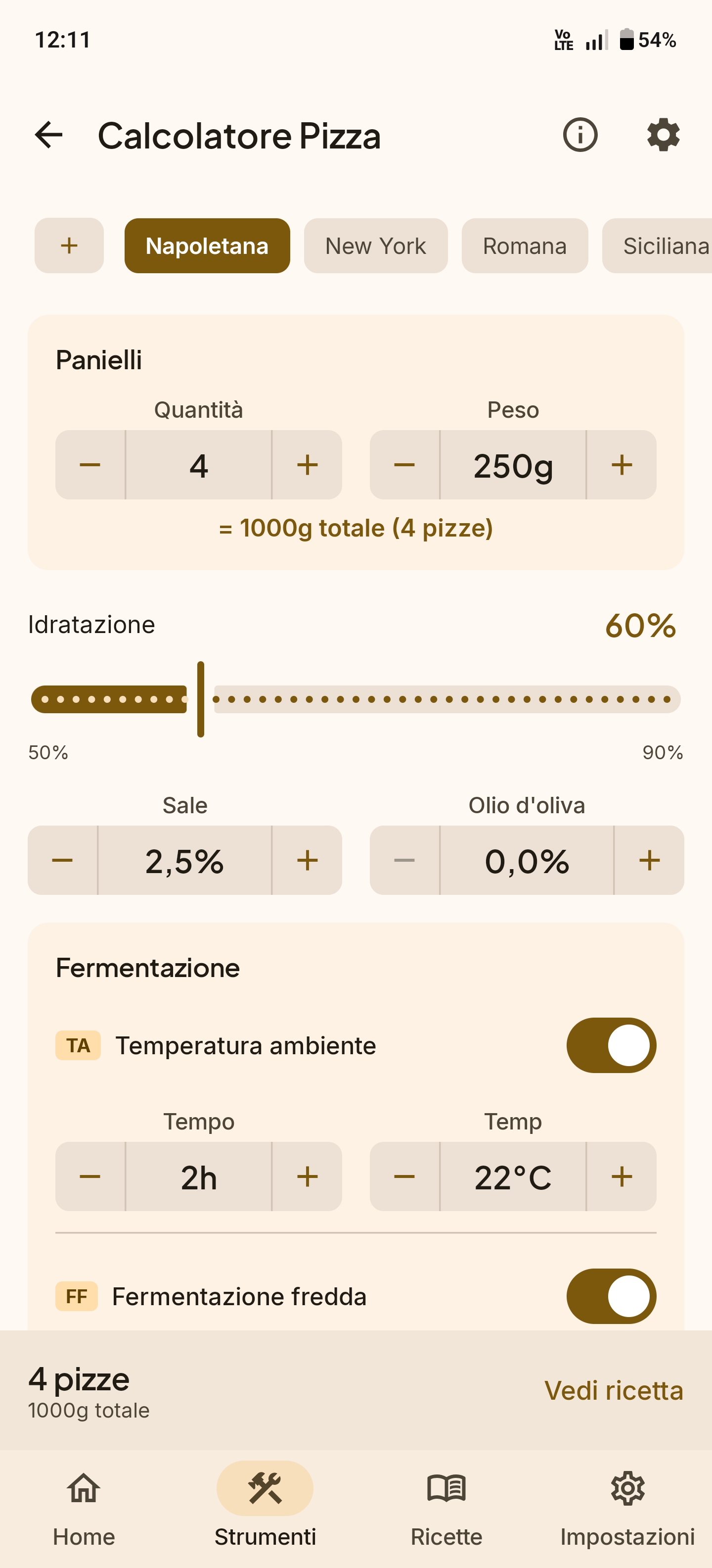 Calcolatore impasto pizza con livelli di idratazione per stili napoletano, New York e romano